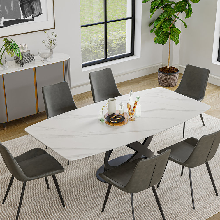 Orren Ellis Turid Modern White Dining Table for 6 Sintered Stone